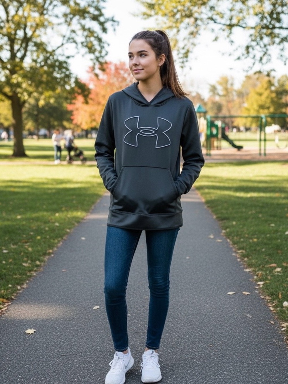 Under Armour Women's Hoodie Big Logo Pullover Black Size XL
